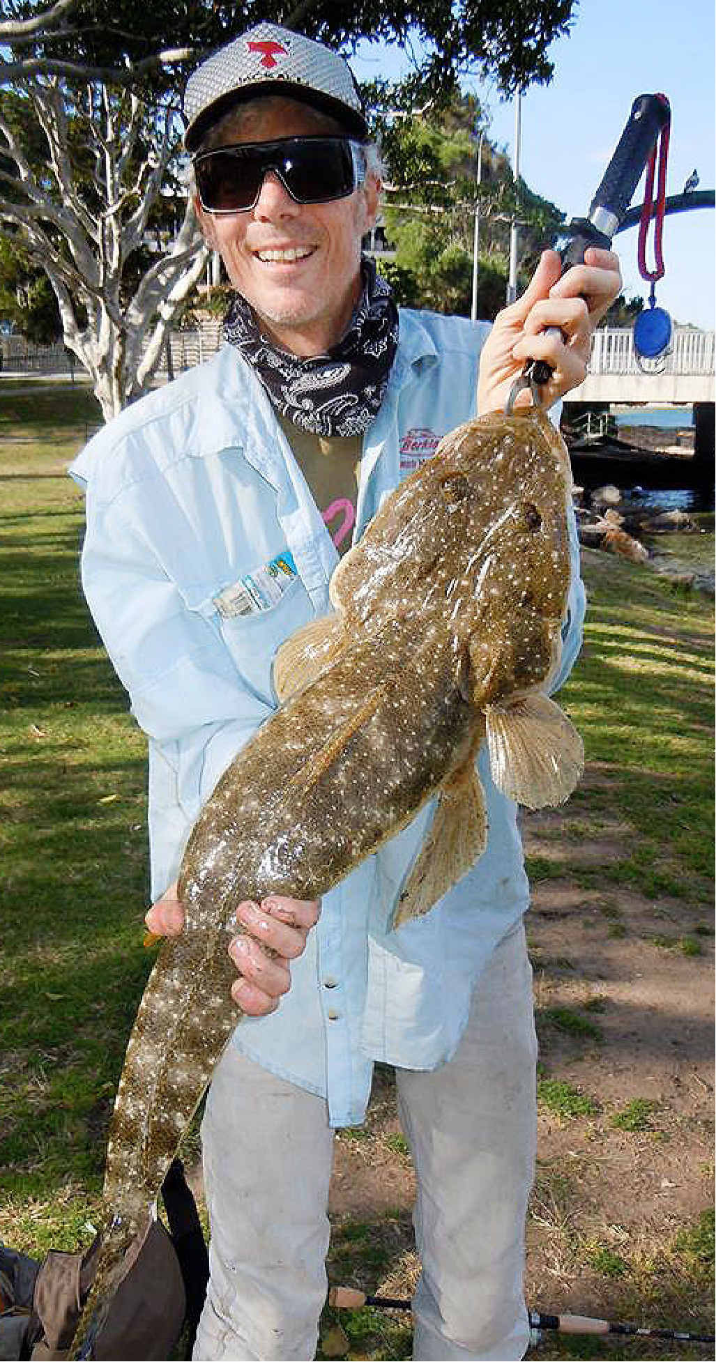 LAND-BASED REWARD: Mark Finch caught this 83cm flathead on a Keitech Plastic off the shore at the Gold Coast. LAND-BASED REWARD: Mark Finch caught this 83cm flathead on a Keitech Plastic off the shore at the Gold Coast.